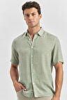 Koyu Yeşil Kısa Kollu Düğmeli Yaka Biyeli Keten Casual Slim Fit Dar Kesim Gömlek 1004240242