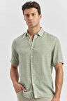 Koyu Yeşil Kısa Kollu Düğmeli Yaka Biyeli Keten Casual Slim Fit Dar Kesim Gömlek 1004240242
