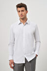Beyaz Uzun Kol Kendinden Desenli Armürlü Sert Yaka Cepli Pamuklu Classic Comfort Fit Gömlek 1004245155