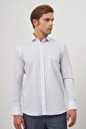 Beyaz Uzun Kol Kareli Desen Oxford Yarım İtalyan Sert Yaka Cepli %100 Pamuk Classic Comfort Fit Gömlek 1004245196