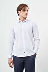 Beyaz Uzun Kol Çizgili Desen Bez Ayağı Sert Yaka Cepsiz %100 Pamuk Classic Slim Fit Gömlek 1004245209