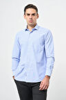 Mavi Uzun Kol Kendinden Desenli Armürlü Yarım İtalyan Sert Yaka Cepli Pamuklu Classic Comfort Fit Gömlek 1004245210