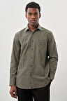 Koyu Haki Uzun Kol Baskılı Bez Ayağı Sert Yaka Cepli Pamuklu Classic Comfort Fit Gömlek 1004245215