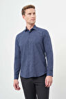 Koyu Lacivert Uzun Kol Baskılı Bez Ayağı Yarım İtalyan Yaka Cepsiz Pamuklu Classic Slim Fit Gömlek 1004245222