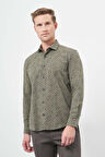 Koyu Haki Uzun Kol Baskılı Bez Ayağı Yarım İtalyan Yaka Cepsiz Pamuklu Classic Slim Fit Gömlek 1004245222