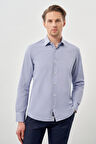 Koyu Lacivert Uzun Kol Kendinden Desenli Armürlü Sert Yaka Cepsiz Pamuklu Classic Slim Fit Gömlek 1004245226_200