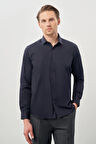 Koyu Lacivert Uzun Kol Düz Bez Ayağı Yarım İtalyan Yaka Cepsiz Pamuklu Classic Slim Fit Gömlek 1004245268