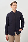 Lacivert Uzun Kol Düz Bez Ayağı Hakim Yaka Cepsiz Pamuk Casual Slim Fit Gömlek 1004245270_201
