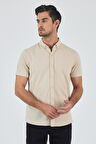 Bej Kısa Kol Düz Örme Düğmeli Yaka Cepsiz Pamuklu Classic Slim Fit Gömlek 1004250155_591