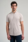 Taş Rengi Kısa Kol Düz Örme İtalyan Yaka Cepsiz Pamuklu Classic Slim Fit Gömlek 1004250156