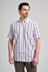 Kısa Kol Çizgili Desen Bez Ayağı Düğmeli Yaka cepli Pamuklu Casual Comfort Fit Gömlek 1004250167
