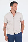 Taş Rengi italyan Düğmeli Yaka Kısa Kol Cepsiz Slim Fit Gömlek 1004250255