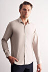 Bej-Beyaz Sert Yaka Çizgili Desen Uzun Kol Slim Fit Esnek Gömlek 1004255176