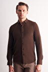 Kahverengi Uzun Kol Düğmeli Yaka Kendinden Desenli Pamuklu Slim Fit Gömlek 1004255267
