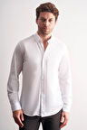 Beyaz Düğmeli Yaka Kendinden Desenli Örme Uzun Kol Performans Ürün Slim Fit %100 Pamuk Gömlek 1004255272