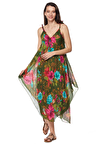 Yeşil Çiçek Desenli Askılı Elbise-6136