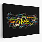 Harita Sepeti İller İsimli Siyah Zeminli Dekoratif Kanvas Tablo 1005