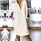 Barbora Günlük Rahat Baharlık Salaş Gömlek Yaka Elbise bt405krem25