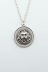 Aslan Kabartmalı Madalyon Erkek Kadın Kolye Antik Gümüş Kaplama - 60 cm Düz Zincir