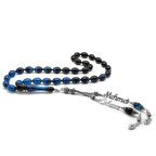 925 Ayar Gümüş Püsküllü Arpa Kesim İsim Yazılı Mavi Sıkma Kehribar Tesbih