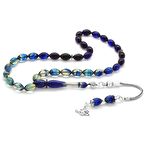 925 Ayar Gümüş Püsküllü Bilek Boy Süzme Mavi-Beyaz Ateş Kehribar Tesbih