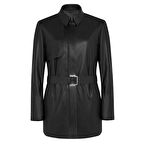 Kelly Siyah Kadın Deri Trençkot