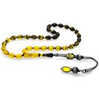 1000 Ayar Gümüş Kazaz Püsküllü Arpa Kesim Süzme Sarı-Siyah Ateş Kehribar Tesbih