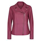 Rania Fuşya Kadın Vintage Deri Biker Ceket