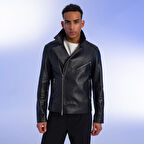 Santo Siyah Erkek Deri Biker Ceket