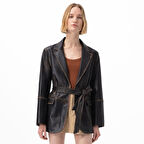 Becka Kahve Kadın Eskitme Blazer Deri Ceket