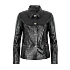 Ayita Siyah Kadın Kroko Baskılı Deri Ceket