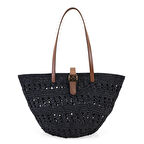 Amelie Siyah Kadın Deri Detaylı Hasır Omuz Çantası