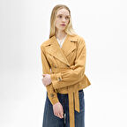 Limited Edition Kadın Turuncu Belden Bağlamalı Süet  Kısa Trençkot