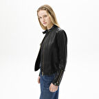 Kadın Siyah Perfore Detaylı Deri Ceket