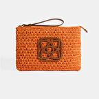 Kadın Turuncu Monogram Logolu Hasır El Çantası