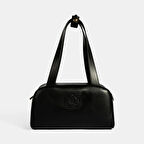 Kadın Siyah Monogram Logolu Deri Omuz Çantası