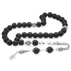 925 Ayar Gümüş Püsküllü Küre Kesim Ortası Çizgili Oniks Doğaltaş Tesbih