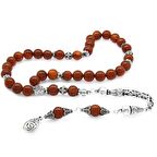 Koleksiyonluk 925 Ayar Gümüş Püsküllü Küre Kesim Kırmızı Akik Doğaltaş Tesbih