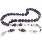 Koleksiyonluk 925 Ayar Gümüş Püsküllü Küre Kesim Ametist Doğaltaş Tesbih