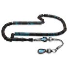 1000 Ayar Gümüş Kazaz Püsküllü Kesme Kesim Turkuaz-Siyah Ateş Kehribar Tesbih