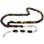 925 Ayar Gümüş Püsküllü Kesme Kesim Bala-Siyah Ateş Kehribar Tesbih