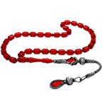 1000 Ayar Gümüş Kazaz Püsküllü Uçlu Kapsül Kesim Bayrak Kırmızısı Ateş Kehribar Tesbih