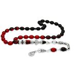 925 Ayar Gümüş Kral Püsküllü Nakkaş İmameli Süzme Kırmızı-Siyah Ateş Kehribar Tesbih