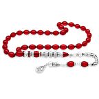 925 Ayar Gümüş Kral Püsküllü Gümüş Üç Şerefeli Nakkaş İmameli Bayrak Kırmızısı Ateş Kehribar Tesbih