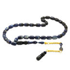 Gold Renk 925 Ayar Gümüş Püsküllü İmamesı Usta İşçilikli Kapsül Kesim Süzme Mavi-Siyah Katalin Tesbih