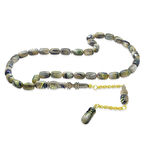 Gold Renk 925 Ayar Gümüş Püsküllü İmamesı Usta İşçilikli Kapsül Kesim Sedefli Ebru Sanatı Mavi-Bej Katalin Tesbih