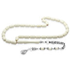 925 Ayar Gümüş Kral Zincir Püsküllü Uçlu Kapsül Kesim Naturel Renk Kırmızı İpli Deve Kemiği Tesbih