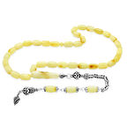 925 Ayar Gümüş Kral Zincir Çeşmi Bülbül Uç Püsküllü Kapsül Kesim Beyaz-Sarı Renkli Patinli Damla Kehribar Tesbih