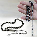 925 Ayar Gümüş Püsküllü Metal Sarmal Silindir Kesim Siyah Kuka Tesbih