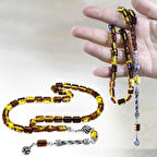 Kararmaz Metal Halat Püsküllü Kapsül Kesim Sarı - Siyah Fosilli Beyrut Kehribar Tesbih